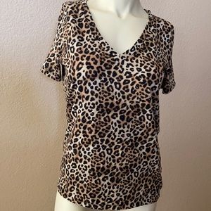 PINK Short Sleeve V Neck T Shirt Loose Leopard